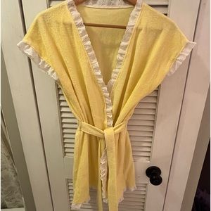 Terry Cloth X-Small Swim Coverup Robe-Handmade-Sunshine Yellow-Eyelet Lace-80s